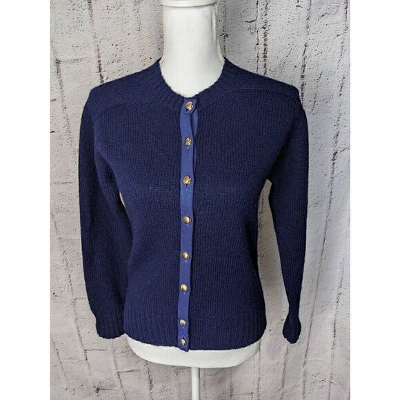 The eagles eye 100% Shetland Navy Blue Wool Long Sleeve Sweater Cardigan Sz 34 G - Picture 1 of 9